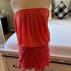 Coral Strapless Dress with Lace Skirt